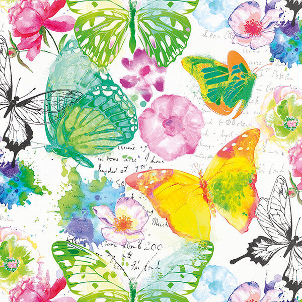 Geschenkpapier Schmetterlinge und Blumen in bunten Aquarellfarben, 250 m x 70 cm